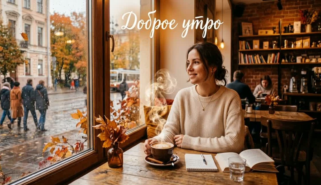 Кофейня осенним утром с надписью "Доброе утро"